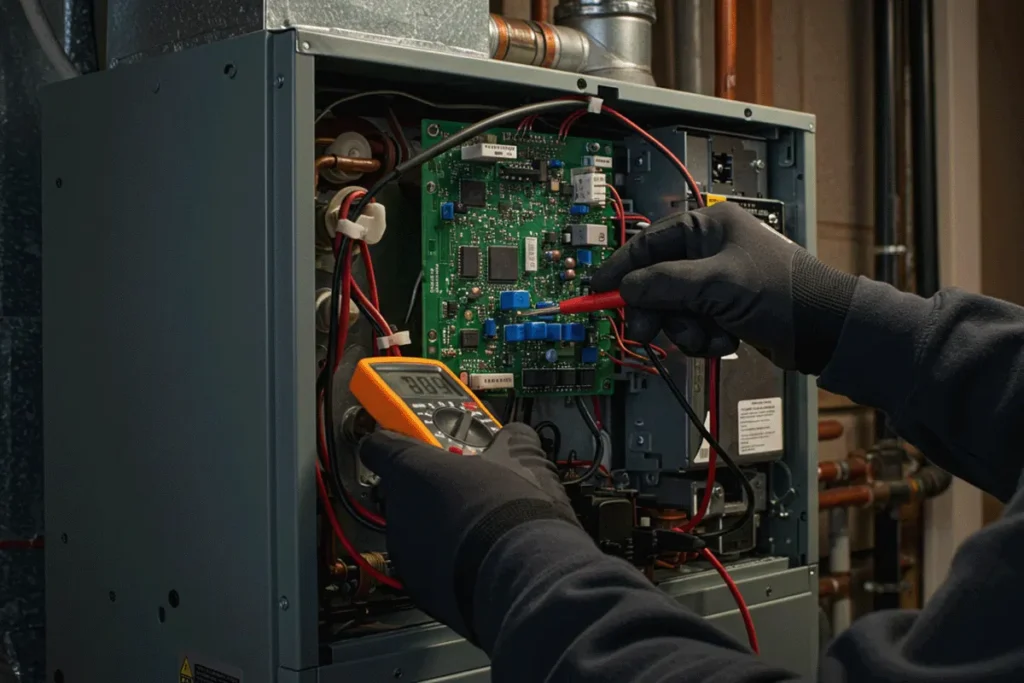 Technician testing a furnace with a multimeter