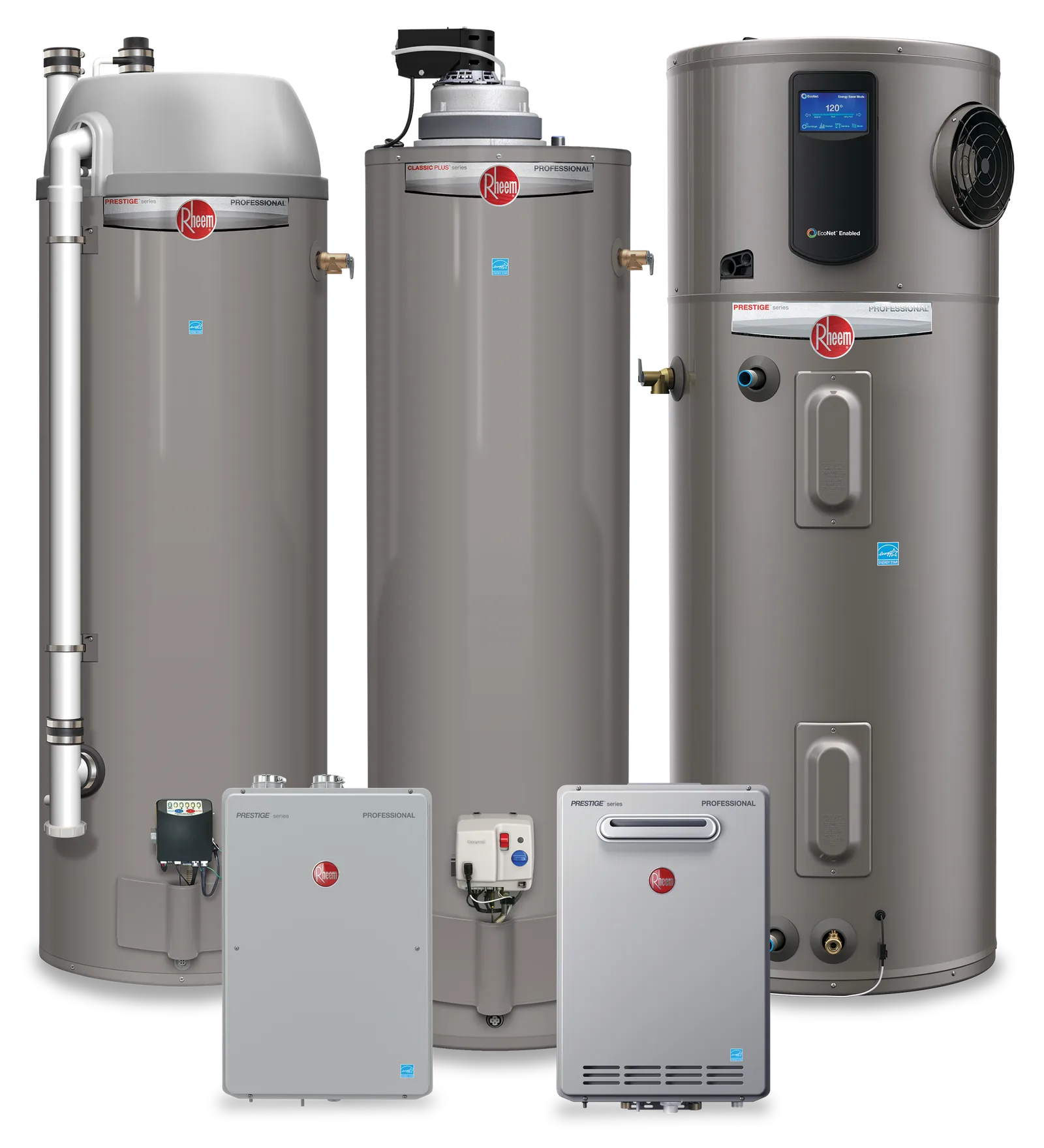 Rheem high-efficiency water heaters, tank and hybrid