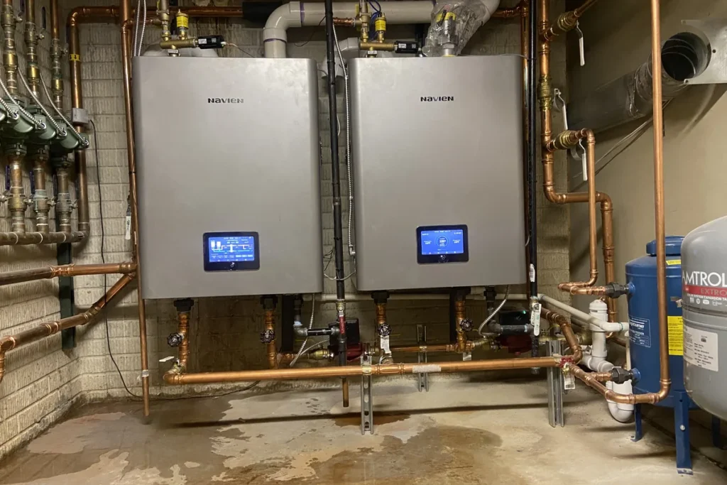 Pair of wall-hung high-efficiency boilers with new copper piping