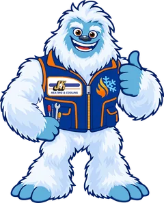 J&K's yeti mascot in a navy J&K work vest, giving a thumbs-up