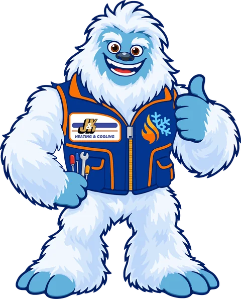 J&K's yeti mascot giving a thumbs-up in a navy J&K Heating & Cooling work vest
